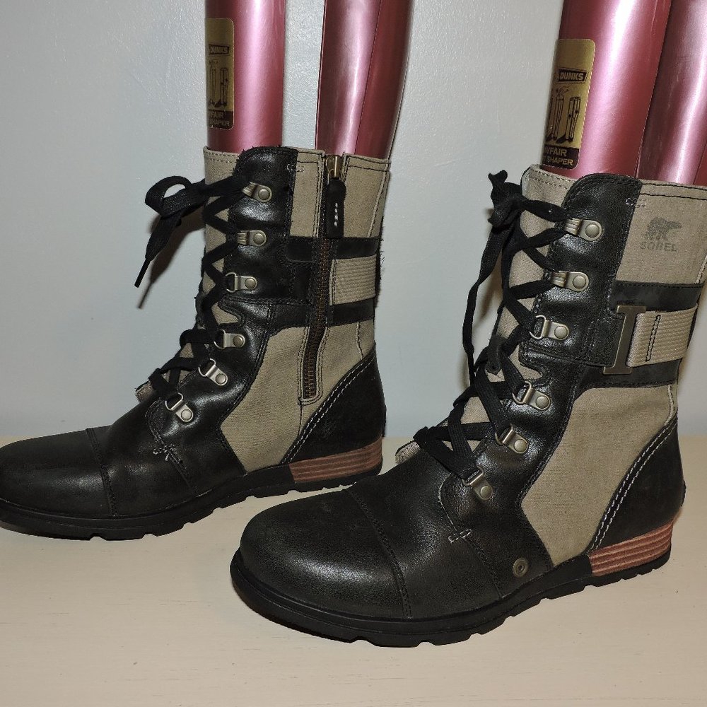 SOREL Major Carly Combat Boots Lace Up Zip Leather Canvas Black Gray Size 10